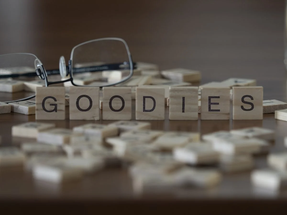 The word “goodies” set in wooden letters