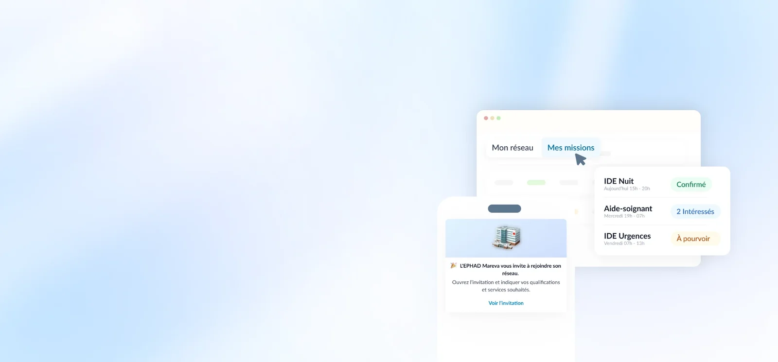 L’interface Mistertemp’ Plus : les missions et leur statut, et l’invitation d’un soignant sur téléphone