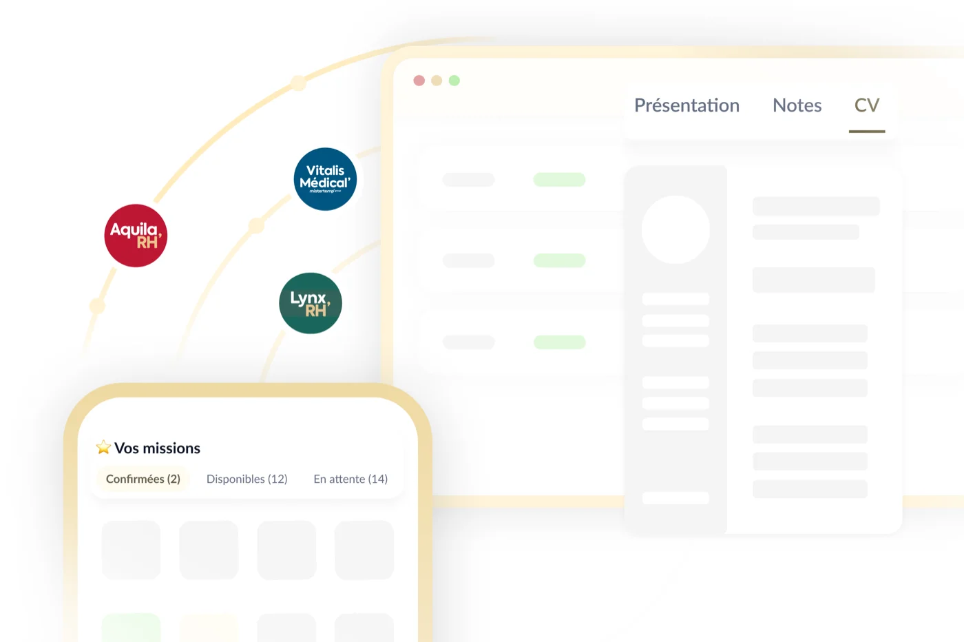 The group’s tools: a Mistermatch candidate profile and the mobile assignments app, linked to the network’s brands